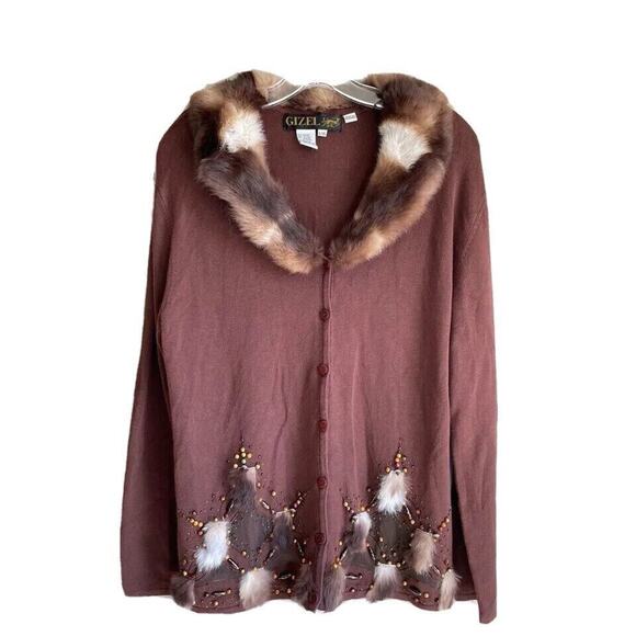 Vintage Gizel Cardigan Sweater Fur Trim Brown Size L/XL Native Look Removable - Picture 1 of 8